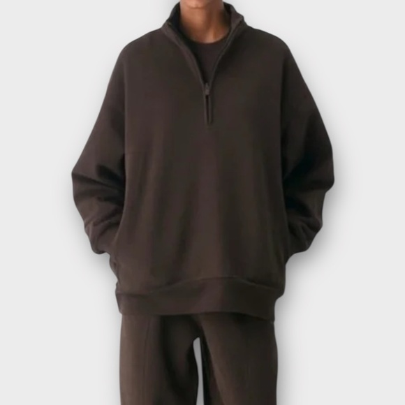 SKIMS Boyfriend Fleece Slouchy Half Zip Pullover – Espresso (NWT) OVERSIZED - Picture 1 of 12
